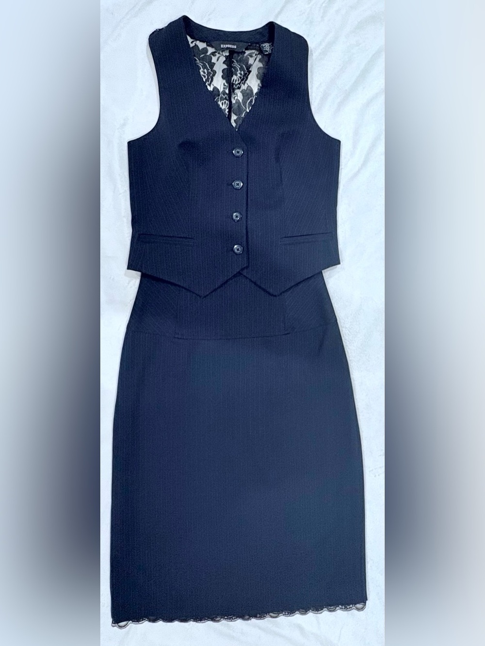 Express Navy Blue Pinstriped Pencil Skirt w/Matching Vest Suit - Picture 8 of 10
